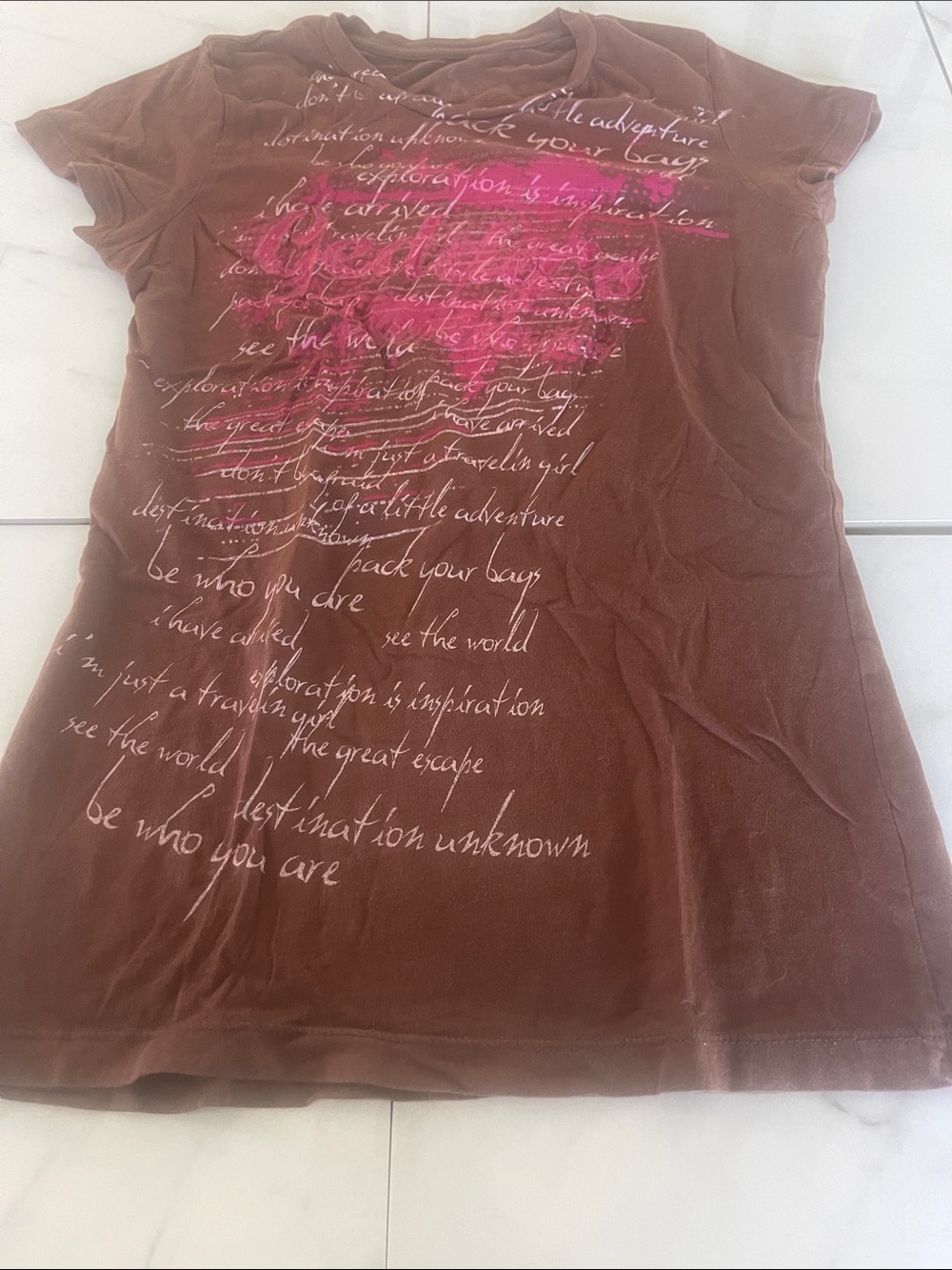 Women’s Brown Graphic Tee with Pink Script